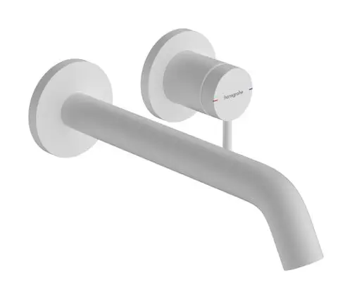 Weißer wandmontierter Einhebel-Waschtischmischer von Hansgrohe mit einem langen Auslauf. Montagesystem für Unterputzinstallation.
